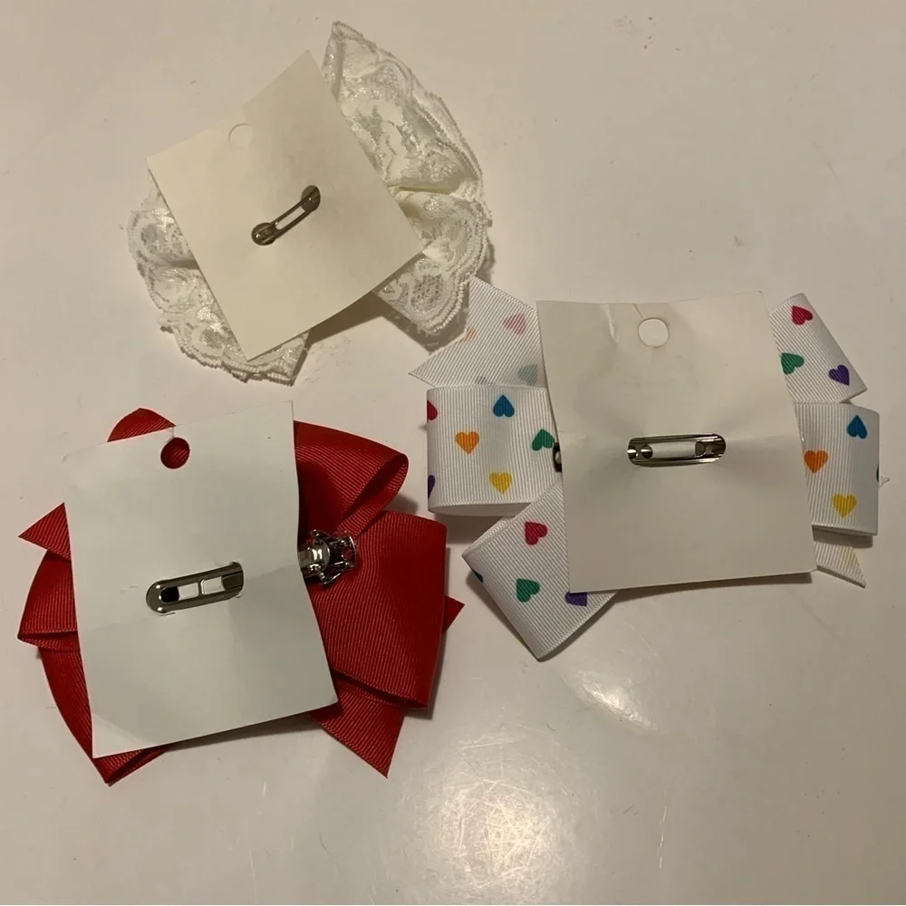 BOWS ETC. three vintage bow hair barrettes white lace red white hearts new